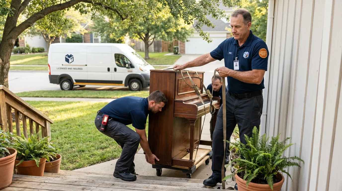 Licensed piano movers securing grand piano in Arcadia, SC