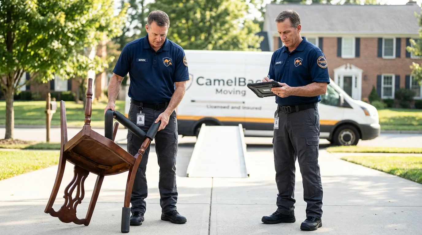 Movers inspecting furniture for damage prevention before loading in Arcadia, SC